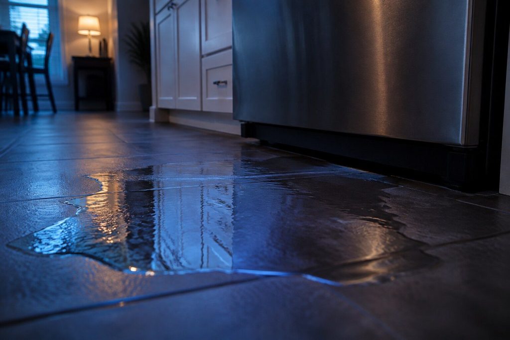 A shallow sheet of water spreading across a dark tile floor from under the toe kick of a refrigerator, catching the blue light of a window.