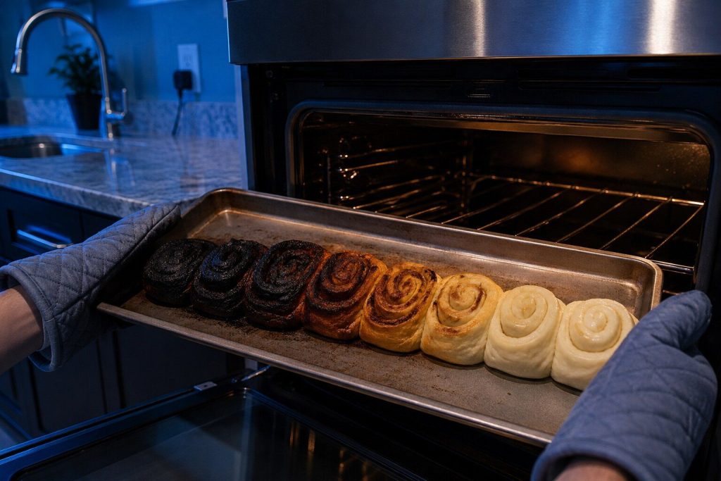 A baking tray coming out of an oven carrying a row of pastries burnt almost black at one end and still pale and raw at the other.