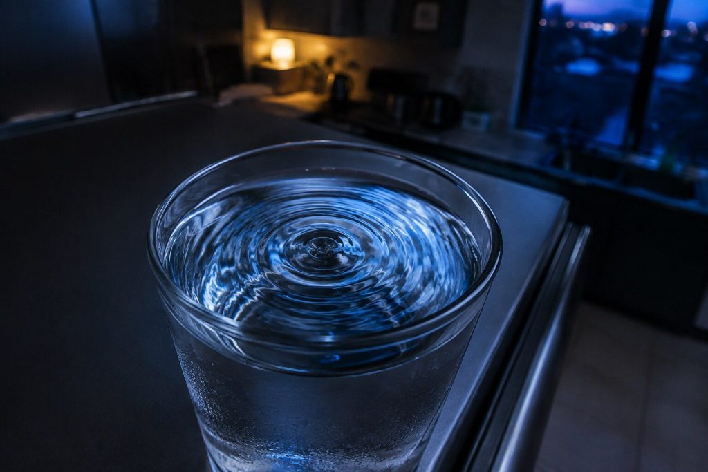 A tumbler of water standing ON TOP OF a refrigerator cabinet, photographed very close from just above the rim so the whole surface of the water fills the frame, concentric ripples running across it from the center outward and the rings clearly visible against a reflected window.