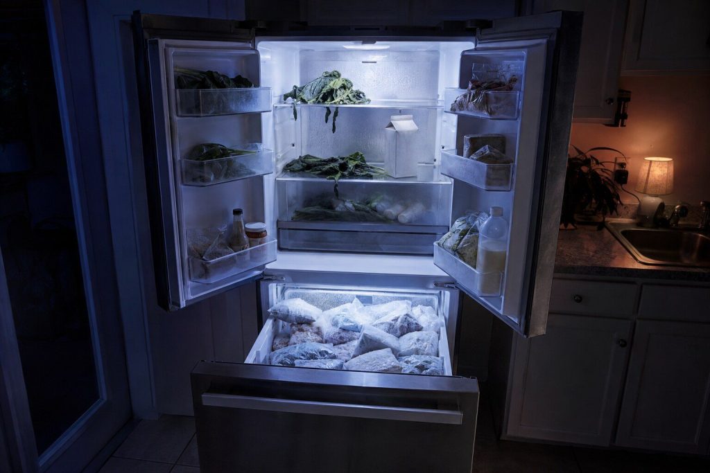 A four-door refrigerator standing open at night: limp greens and a sweating carton on the upper shelves, and the pulled-out drawer beneath them packed with hard frozen food under a crust of ice.